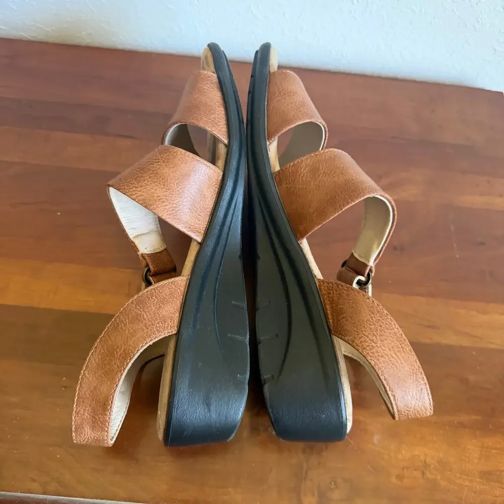 Shibever Brown Leather Low Wedge Heel Strappy Sandal Women 40 Comfortable Dressy